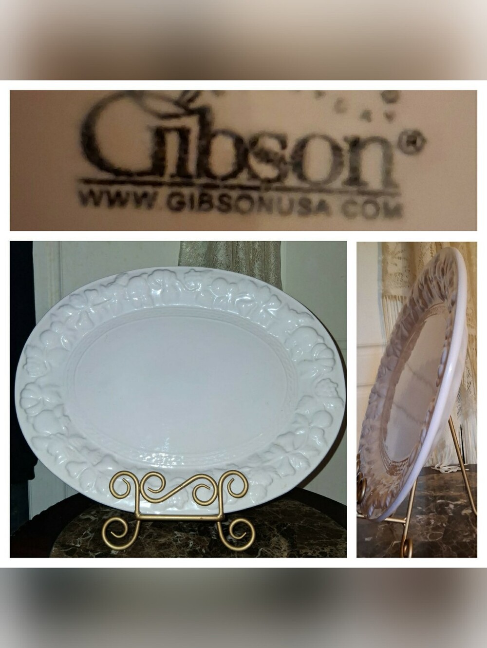 Gibson Glossy White Ceramic Floral-Edge Oval Platter